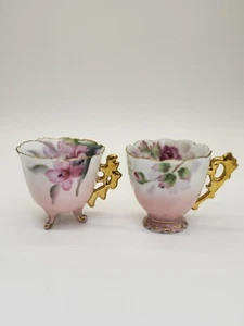 Juego de tazas de té vintage Fakirs O 2 flores rosadas pintadas a mano Japón. Con mango dorado - Imagen 1 de 5