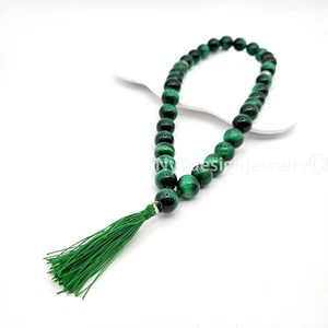 Grünes Tigerauge Mala Perlen 33 + 1 | 12 mm Edelstein Gebetsperlen mit grüner Quaste - Bild 1 von 6
