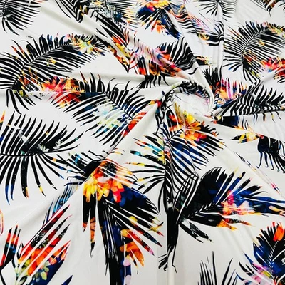 Spandex Fabric Black Palms with White Background Stretch by Yard for Swimwear - Image 1 of 4
