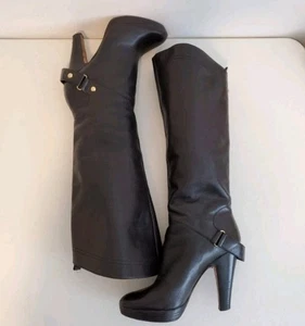 Boutique 9 BTDARBEY 7.5M Black Leather Over Knee High Heel Boots Gold Spur Strap - Picture 1 of 11
