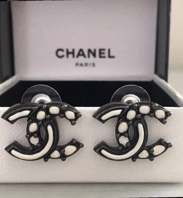 Chanel 2012 CC Paris Bombay Earrings White & Black / Gunmetal - Image 1 of 4