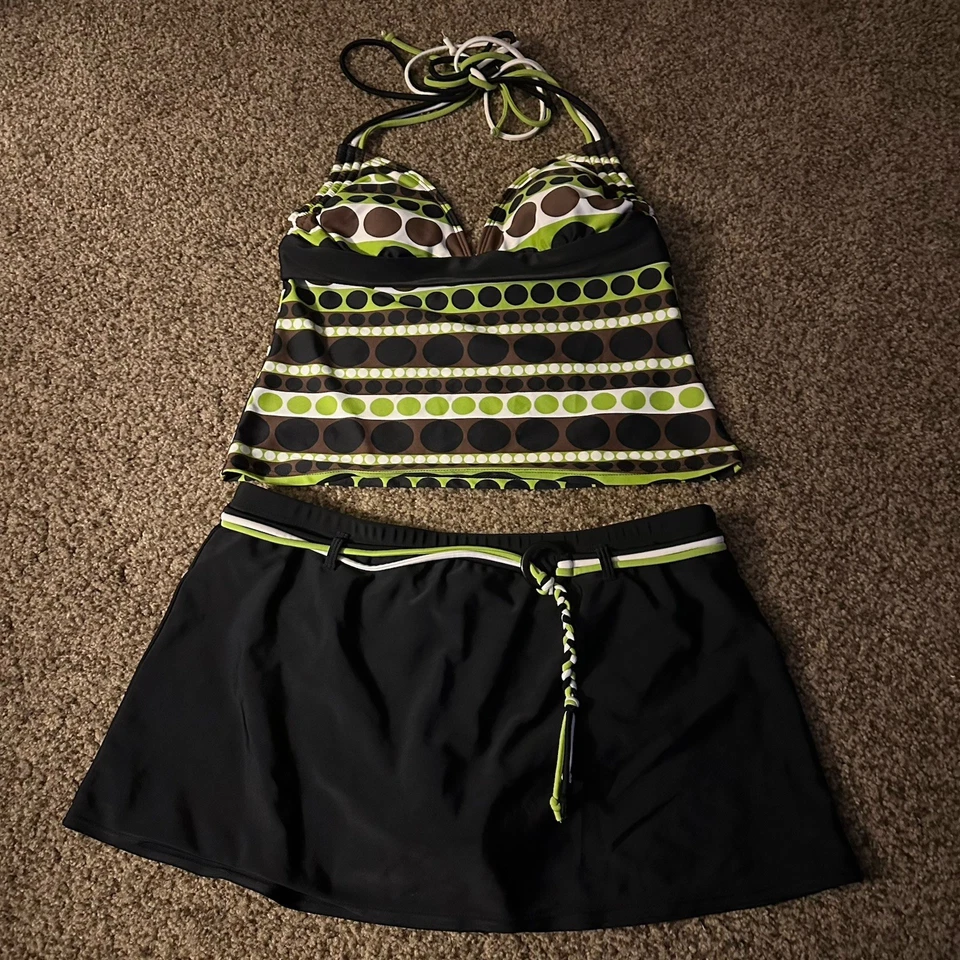 Women Tankini Set A.N.A Size 10 Striped Polka Dots With Skirted Belted Bottom. - Image 1 of 3