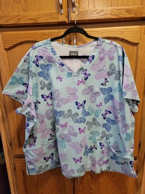 Ladies Scrub Top By Butter Soft Sz 4X.  Lite Teal w/Butterflies Excellent Condtn - Image 1 of 4
