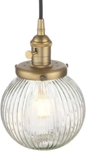 Industrial Glass Pendant Light - Ribbed Ball Hanging Ceiling Antique - Picture 1 of 7