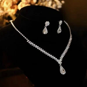 1 Set Bridal Necklace Earrings Water Drop-shaped Rhinestone Jewelry For Weddi_ou - Picture 1 of 15