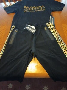 Mens MAKOBI Trappers Black Gold Foil Hip Hop STREET Wear SHORT SET Size Medium - Picture 1 of 4