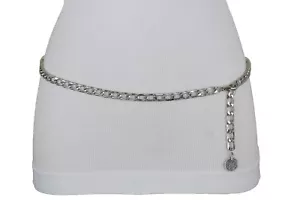 Women Belt Hip High Waist Silver Metal Chain Boho Ethnic Coin Buckle Size XS S M - Picture 1 of 24