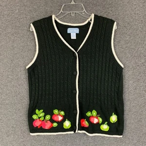 Ciel Bleu Womens Cardigan Vest S NWT Black Cable Knit Apple Embroidery Teacher - Picture 1 of 11