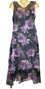 Komarov Purple Floral Print Sleeveless Satin Lace Trim V-Neck Maxi Dress sz.L - Picture 1 of 12