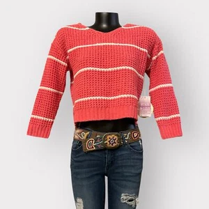 Cropped Chunky Knit Sweater Girls sz XL 14/16 3/4 Sleeve Womens XS S Coral White - Picture 1 of 9