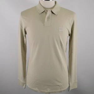 Men's Hugo Boss Beige Patch Logo Long Sleeved Slim Fit Polo Shirt Medium RRP £89 - Picture 1 of 6