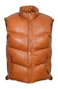 Men's ARCTIC Puffer Tan Gilet Sleeveless Padded Waistcoat Vest Lambskin Leather - Picture 1 of 8
