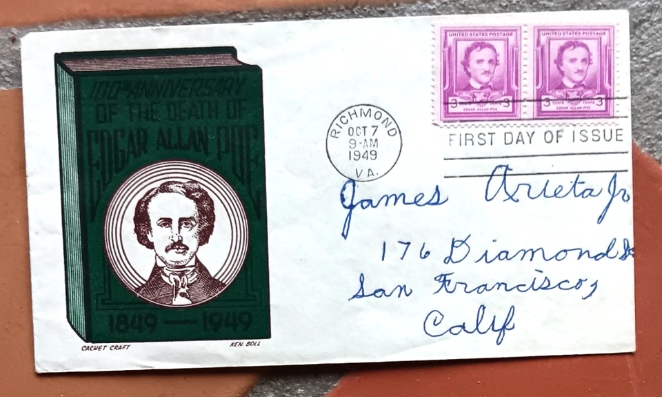 EDGAR ALLEN POE AUTHOR POET STAMP  1949 KEN BOLL CACHET FDC  CENTENARY OF DEATH - Image 1 of 1