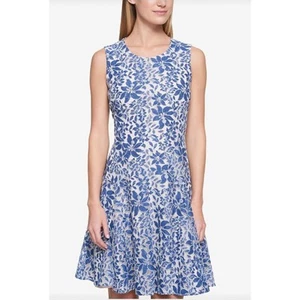 Tommy Hilfiger Blue White Lace Fit Flare Dress Size 12 Denim Floral Sleeveless - Picture 1 of 15