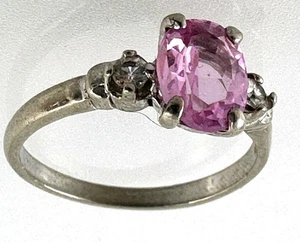 Vintage Solid 10K White Gold Pink Stone CZ Ladies Ring Size 5.75 - Picture 1 of 10