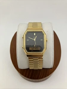 Vtg PULSAR By Seiko Men 29mm Analog Digital Gold Tone Black Dial V041-5180 -RUNS - Picture 1 of 19