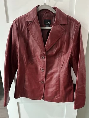 Blazer chaqueta de cuero vintage East 5th para mujer rojo borgoña granate talla grande Foto 1 de 4