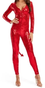 Red Sequined Devil Zip Up Body Suit Size S Tipsy Elves Halloween Costume - Picture 1 of 11