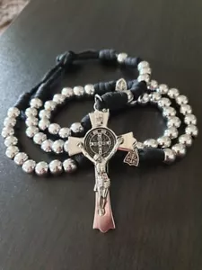 Mens Stainless Steel Black Paracord Rosary, Chrome Crucifix. - Foto 1 di 2
