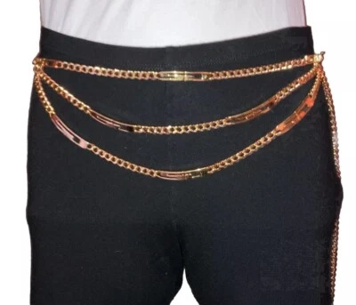 St. John Gold Triple Chain Belt Exaggerated Abstract Initials Logo 48” - Image 1 of 4