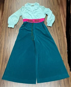 Vtg 70s Vanity Fair Sz 14 Bell bottom Long Sleeve Jumpsuit - Picture 1 of 13