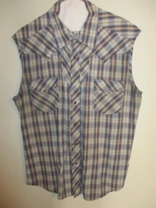 VTG Arizona Jean Company Men's Blue Plaid Sleeveless Snaps Western Shirt L - Picture 1 of 4