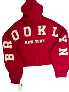 NY Brooklyn Felpa con Cappuccio Cropped Zip Rosso Donna XL - Foto 1 di 12