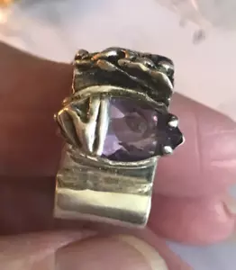 VTG LG Artist made Amethyst Marquise Shape Sterling Silver Ring w/ Unique Design - Picture 1 of 4