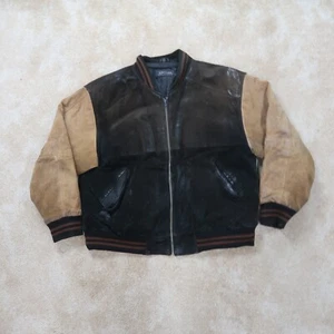 Vintage Leather Varsity Jacket Men's Large Basic Editions Brown Sueded distresse - Picture 1 of 15