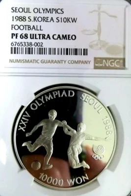 NGC PF68 Ultra Cameo South Korea 1988 SOCCER Football Silver 10000 Won Proof - Image 1 of 2