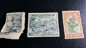 3 Lot: CEYLON 5 Cent Stamp, Philippines 5 Cents Stamp, Espana (Spain) 50 CTS
