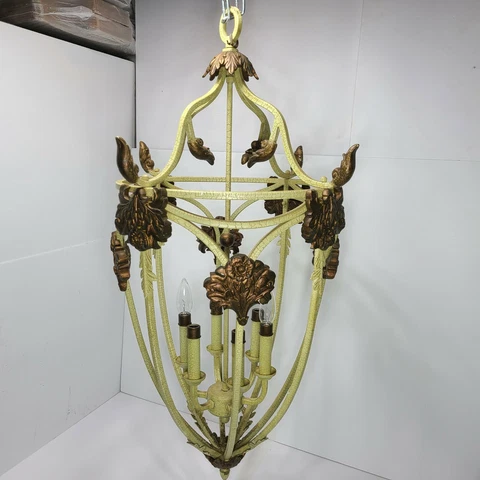 Vtg. 3' Italian Caged '6' Candle Pendant Light Fixture. W. Antique patina Cover
