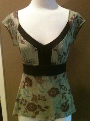 Blusa Top Boho Weston Wear S Verde Marrón Azul Estampado con Manga Gorra y Cuello en V Foto 1 de 4