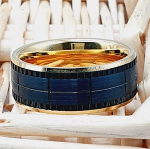 Yellow Gold Plated Tungsten Wedding Ring, Unique Tungsten Ring Engraved Ring Men - Picture 1 of 8