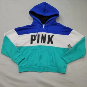 Victoria’s Secret PINK Damen L Colorblock Zip Hoodie Sherpa Kapuze blau weiß - Bild 1 von 8