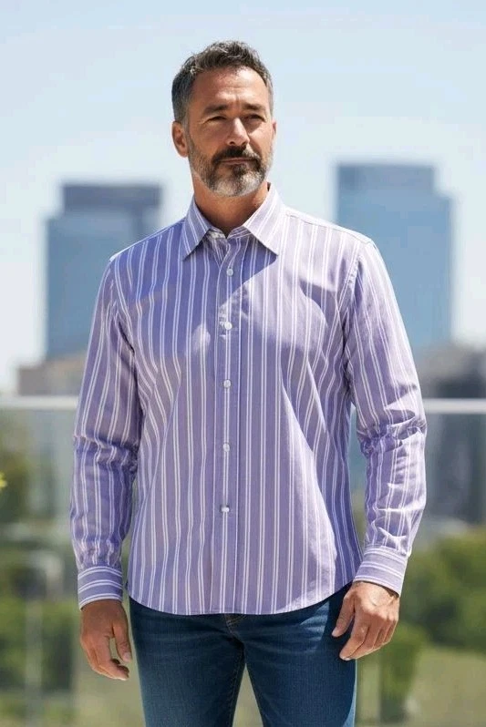 Camisa de Vestir Holland & Sherry Talla L Botón Frontal, Rayas Púrpura/Blanco, Leer. NS-1 Foto 1 de 4