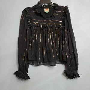 Farm Rio Bluse schwarz metallic gestreift Rüschen transparent Damen Größe SM - Bild 1 von 7