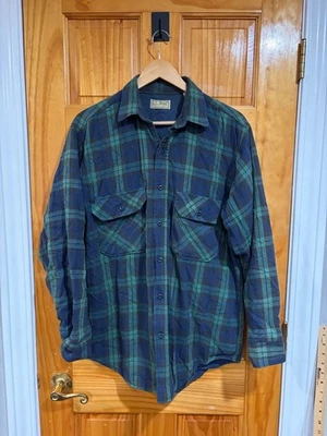 Vintage L.L. Bean Thinsulate Flannel Shirt Jacket M Blue Green Plaid USA Made - Image 1 of 4
