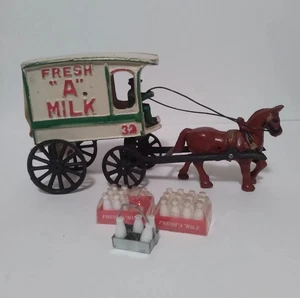 Vintage Cast Iron Fresh "A" Milk Horse Drawn Wagon, Driver, Milk Bottles & Crate - Picture 1 of 21