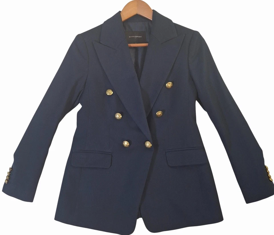Blazer Banana Republic Mujer Petite 2 Azul Marino Doble Pecho Dorado Botones Foto 1 de 4