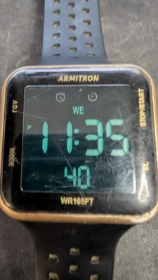 Armitron ProSport Digital Watch WR165FT Black Gold Square Case Working - Image 1 of 4