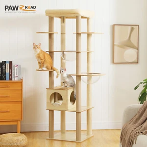 PAWZ Road Wooden Cat Tree Tower Scratching Post Condo House with Two Clear Bowls - Picture 1 of 8