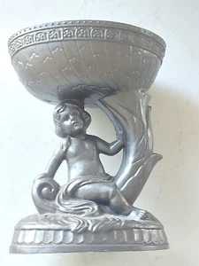 Vintage Plastic Pedestal Cherub Dish Pewter Tone Made In Hong Kong - Picture 1 of 9