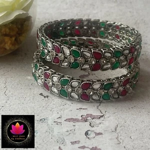 Indian Silver Plated Oxidised Leaf Bangles Bollywood Style Kara Size 2.8 - Picture 1 of 10