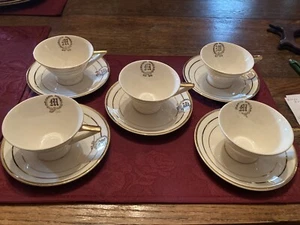 Vtg The Salem China Co Ohio 5 Cup & Saucer Sets Mongram M Gold Trim - Picture 1 of 7