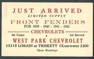 1945 PC CLEVELAND OH WEST PARK CHEVROLET KOTFLÜGEL VORNE FÜR 1939-40-41-42 ETC. - Bild 1 von 1