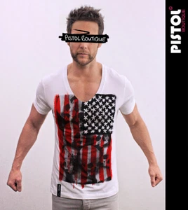 Pistol Boutique men's Fitted White Deep V neck USA Stars Stripes SKULLS T-shirt - Picture 1 of 12