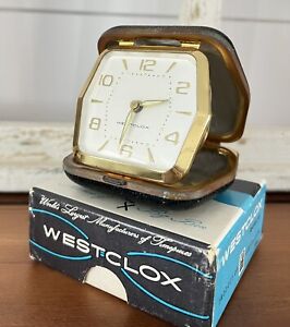 Westclox Travel Alarm Clock WindUp Vintage Brown Leather Case Works Original Box