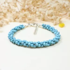 925 Sterling Silver Genuine Round Turquoise Beads Bracelet Gift Jewelry - Picture 1 of 6