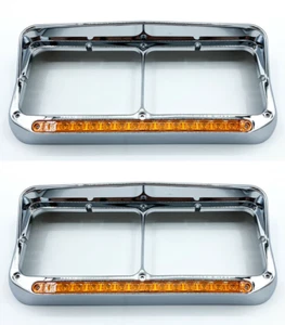 Pair Chrome 4x6 Headlight Headlamp Visor Bezels w/ Amber LED Bar - Amber Lens - Picture 1 of 7